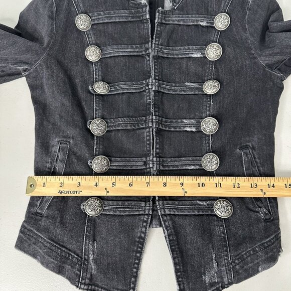 FREE PEOPLE Black Denim Jacket XS Military Distressed Fitted Boho - Picture 9 of 15
